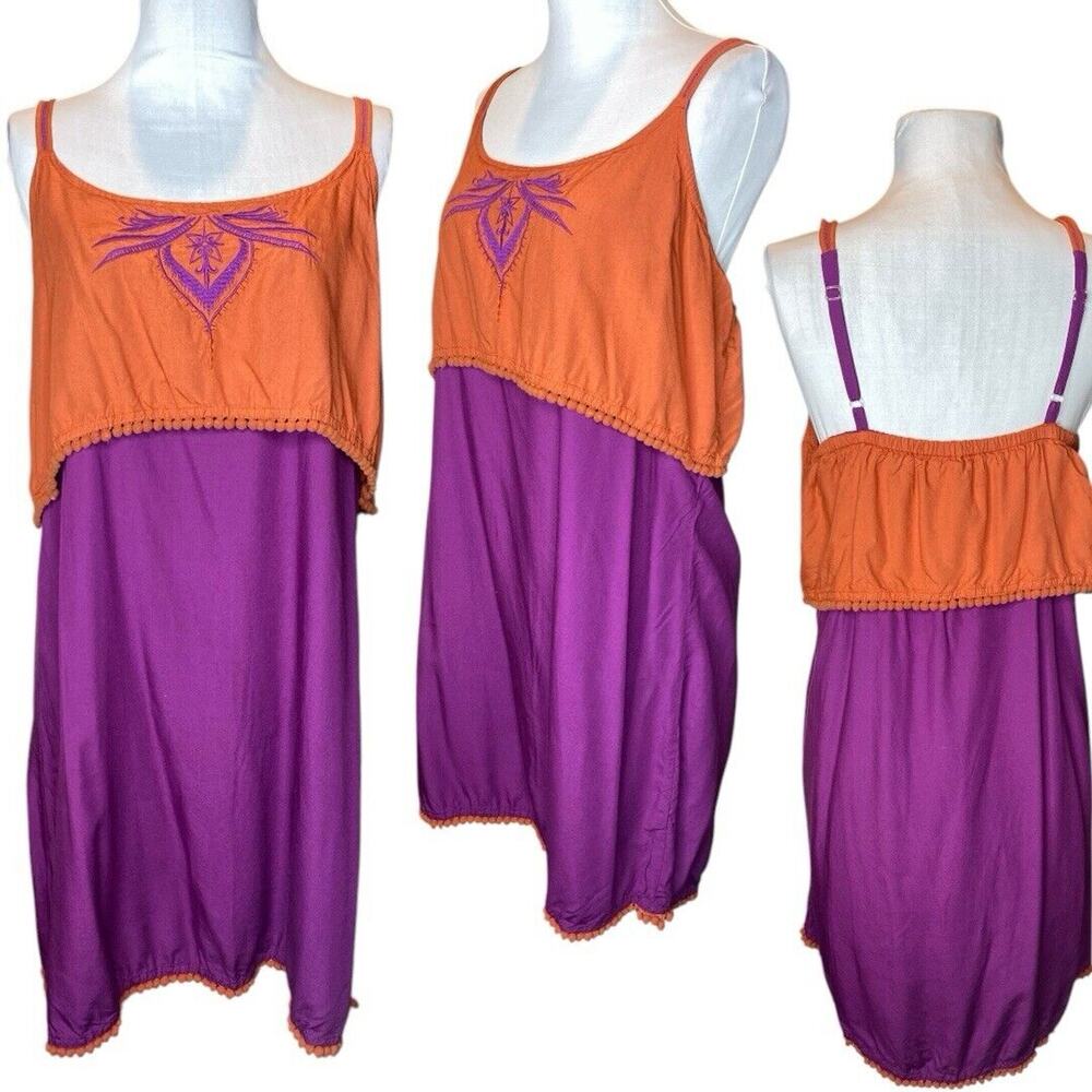 Coline Embroidered Babydoll‎ Sundress Womens L Purple Pompom Fringe Boho Playful